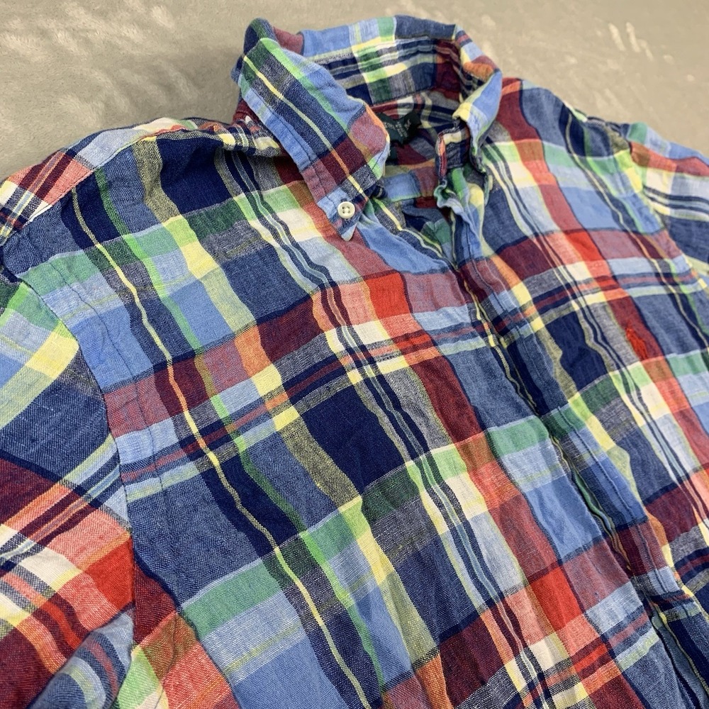 Polo Ralph Lauren Linen Shirt Medium Plaid Button Down Short Sleeve Casual